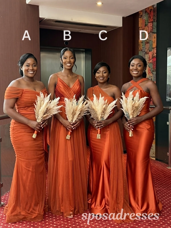 Burnt Orange Mismatched Draped Mermaid Satin Tulle Bridesmaid Dresses – SposaDresses
