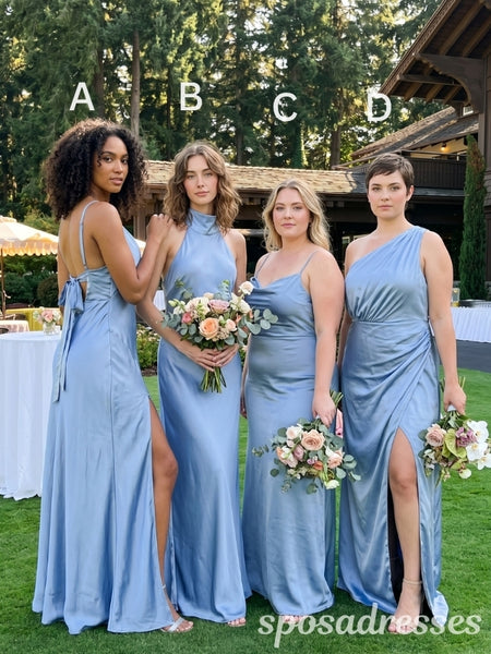 Create a stunning bridal party with these dusty blue satin mismatched  bridesmaid dresses from SposaDresses, featuring cowl, halter, and one  shoulder styles