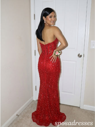 Red Beaded Strapless Deep V Corset High Slit Prom Evening Dress 26057