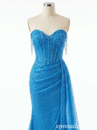 Ocean Blue Sequin Strapless Sweetheart Corset Ruched Slit Prom Evening Dress 26058