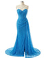 Ocean Blue Sequin Strapless Sweetheart Corset Ruched Slit Prom Evening Dress 26058