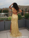Gold Sequin Deep V Neck Open Back High Slit Prom Evening Dress 26060