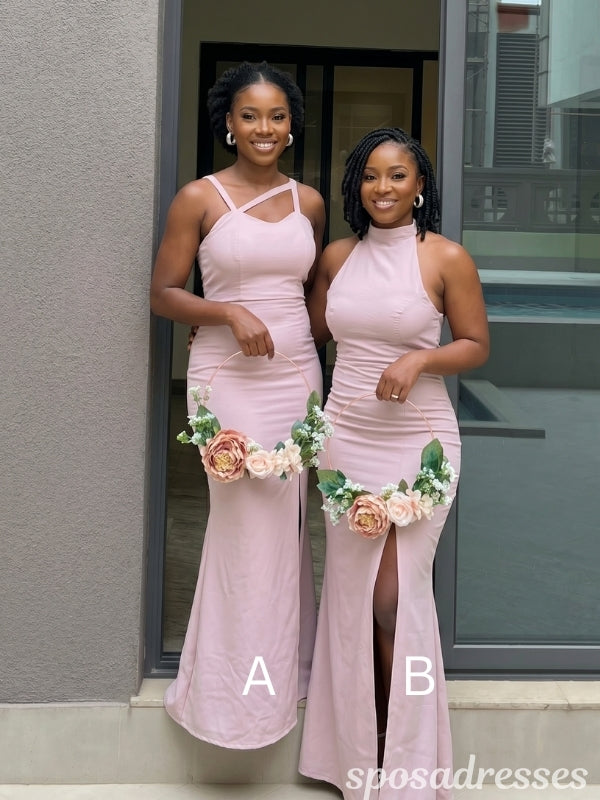 Blush Pink Stretchy Mismatched Asymmetrical Halter Mermaid Bridesmaid Dresses 26061