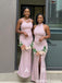 Blush Pink Stretchy Mismatched Asymmetrical Halter Mermaid Bridesmaid Dresses 26061