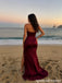 Burgundy Satin Strapless Corset High Slit Prom Evening Dress 26074