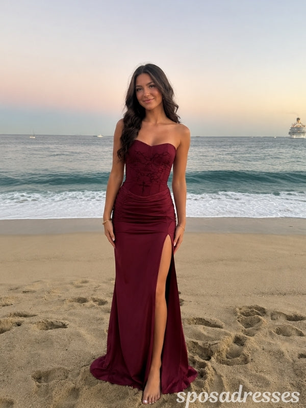 Burgundy Satin Strapless Corset High Slit Prom Evening Dress 26074