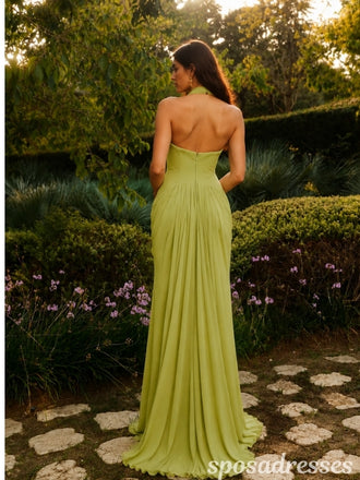 Lime Green Chiffon Halter Deep V Neck Ruched Open Back A Line Prom Evening Dress 26087