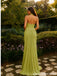 Lime Green Chiffon Halter Deep V Neck Ruched Open Back A Line Prom Evening Dress 26087