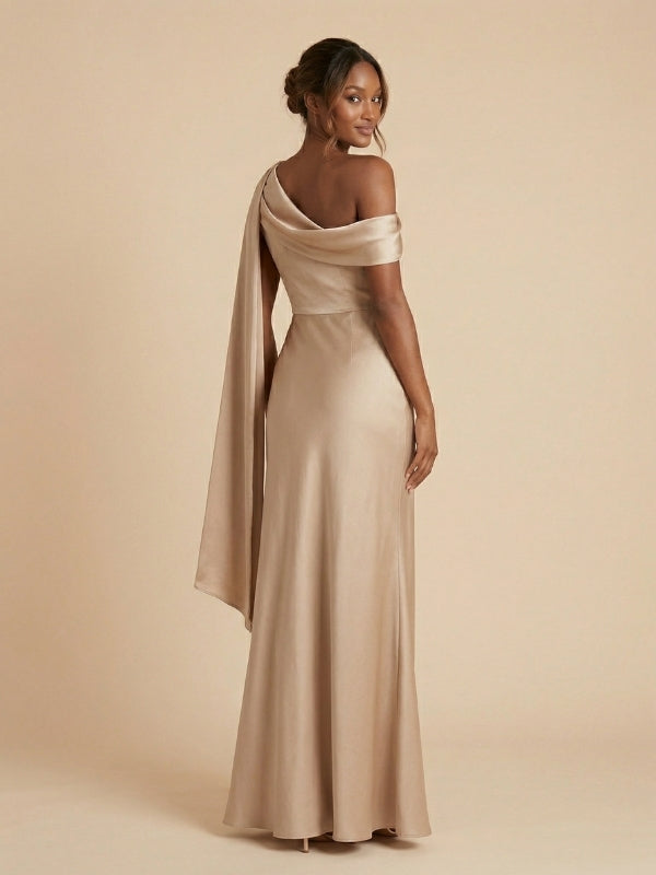 Beige Satin Asymmetrical Draped Sash Bridesmaid Dress 26032 – SposaDresses