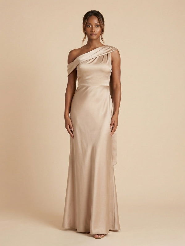 Beige Satin Asymmetrical Draped Sash Bridesmaid Dress 26032 – SposaDresses Beige Satin Asymmetrical Draped Sash Bridesmaid Dress 26032 – SposaDresses