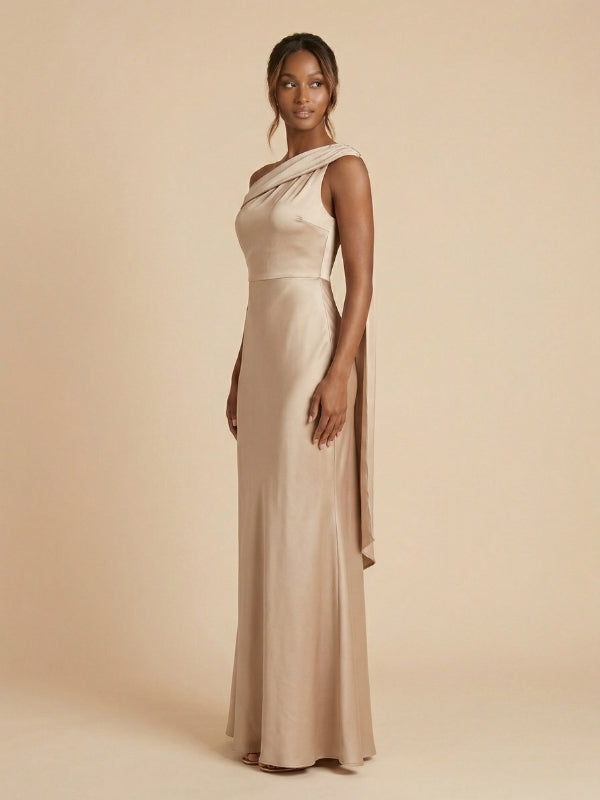 Beige Satin Asymmetrical Draped Sash Bridesmaid Dress 26032 – SposaDresses Beige Satin Asymmetrical Draped Sash Bridesmaid Dress 26032 – SposaDresses