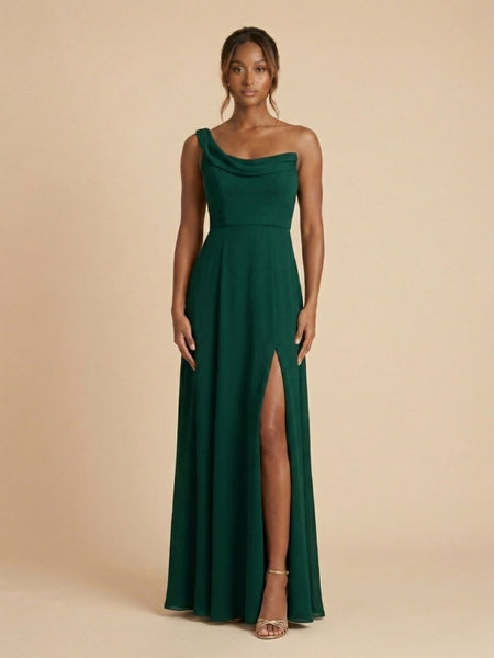 Dark Green Chiffon One Shoulder Draped High Slit Bridesmaid Dress 2603 –  SposaDresses