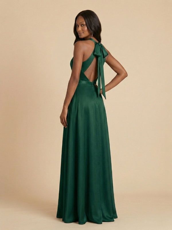 Dark Green Satin Halter High Neck Bow Back Bridesmaid Dress 26034 –  SposaDresses