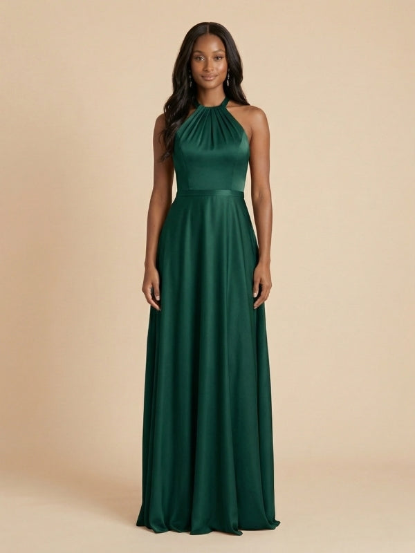 Dark Green Satin Halter High Neck Bow Back Bridesmaid Dress 26034 SposaDresses Dark Green Satin Halter High Neck Bow Back Bridesmaid Dress 26034 SposaDresses