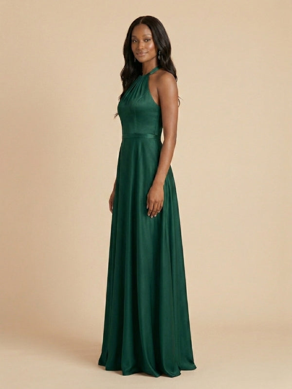 dark green satin dress Dark Green Satin Halter High Neck Bow Back Bridesmaid Dress 26034 – SposaDresses