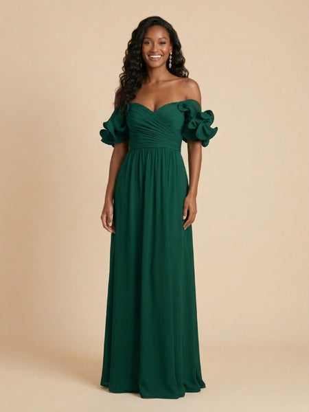 Emerald Green Ruffled Off Shoulder Bridesmaid Dress