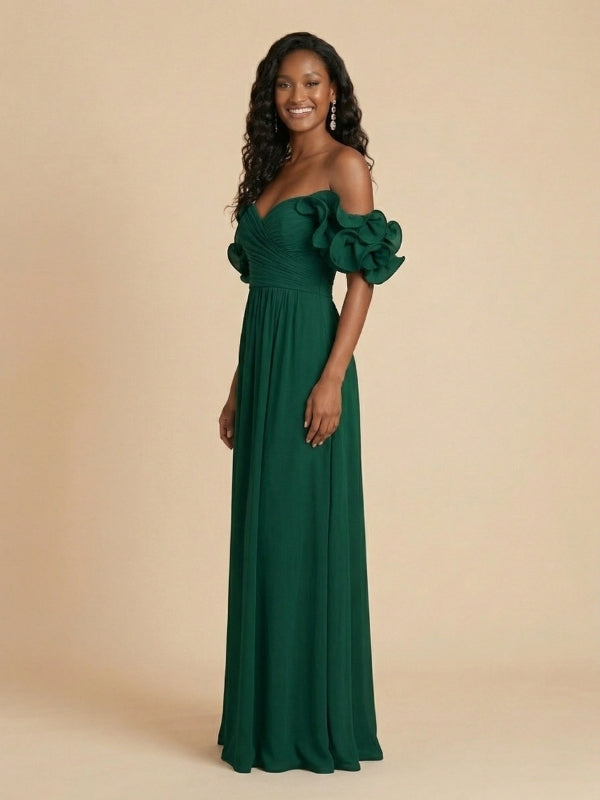 Emerald Green Ruffled Off Shoulder Bridesmaid Dress