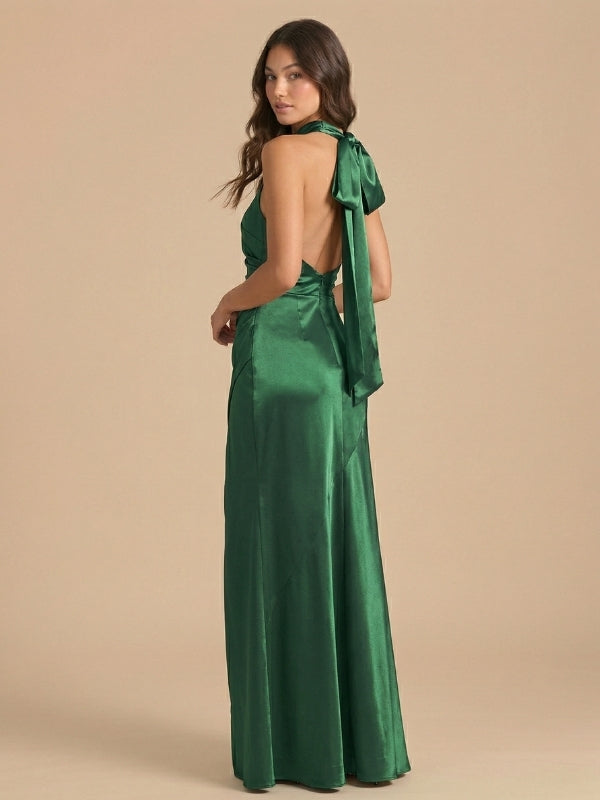 Emerald Green Satin Halter Ruched High Slit Bridesmaid Dress 26027 SposaDresses Emerald Green Satin Halter Ruched High Slit Bridesmaid Dress 26027 SposaDresses