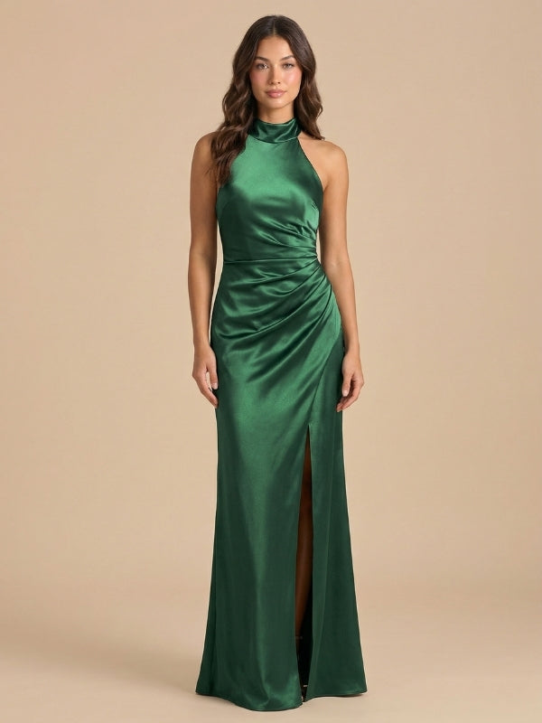 Emerald Green Satin Halter Ruched High Slit Bridesmaid Dress 26027 SposaDresses Emerald Green Satin Halter Ruched High Slit Bridesmaid Dress 26027 SposaDresses