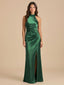 Emerald Green Satin Halter Ruched High Slit Bridesmaid Dress 26027