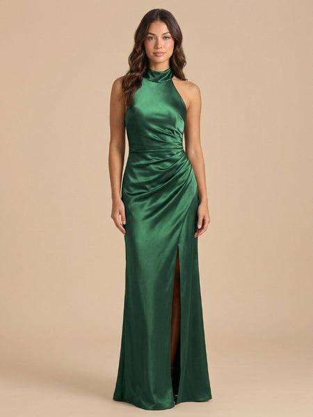 Emerald Green Satin Halter Ruched High Slit Bridesmaid Dress 26027 SposaDresses Emerald Green Satin Halter Ruched High Slit Bridesmaid Dress 26027 SposaDresses
