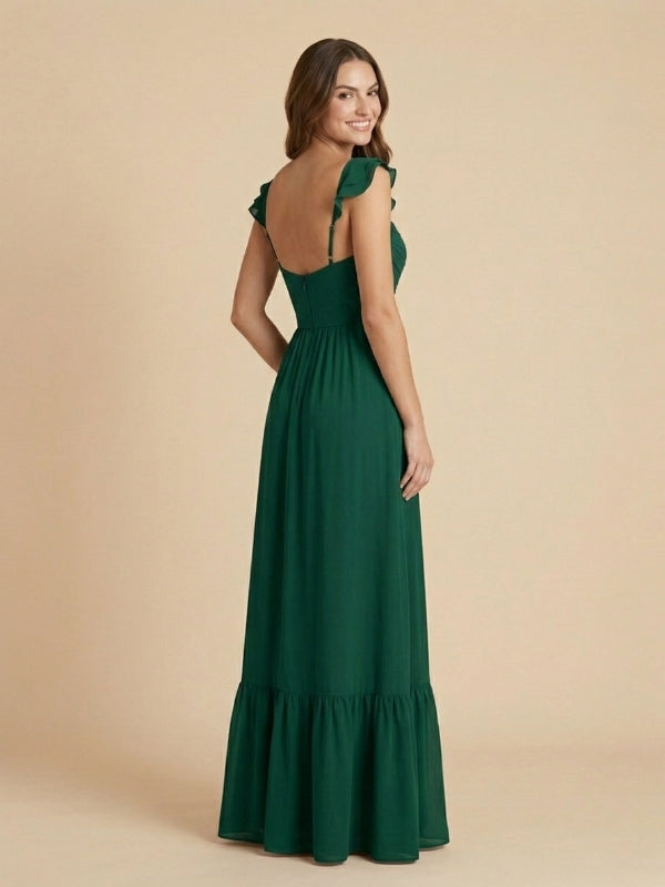 Emerald Green Chiffon Sweetheart Ruffle Strap High Slit Bridesmaid Dress 26028