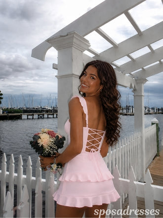 Pink Strap Ruffle Tiered Corset Mini Homecoming Dress 26066