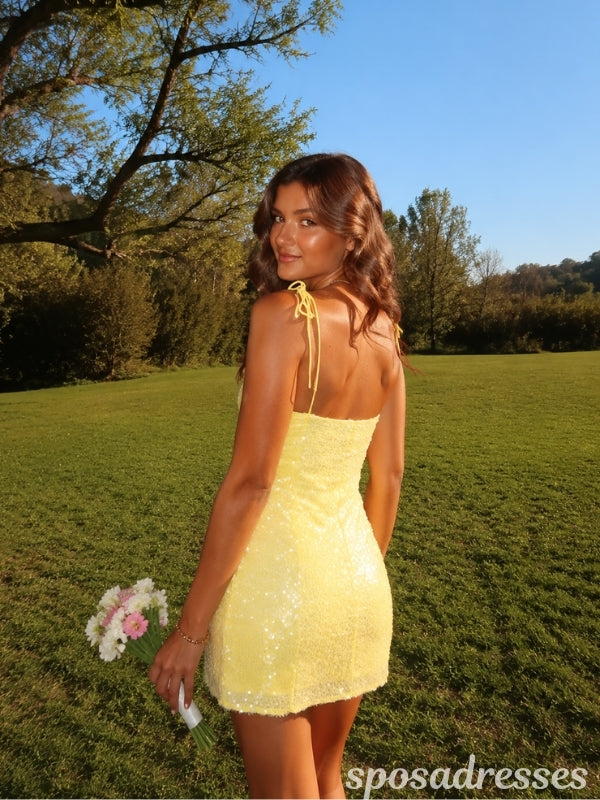 Yellow Sequin Sweetheart Tie Strap Short A Line Homecoming Dress 26069