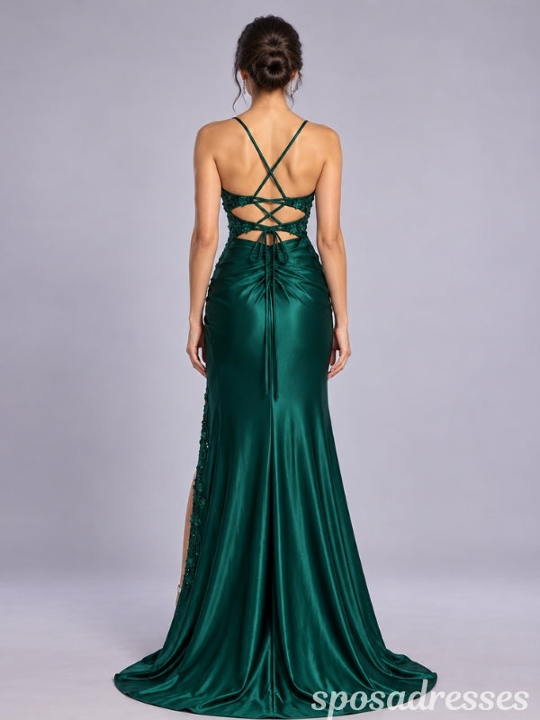 Emerald Green Satin Lace Corset High Slit Prom Dress PD26001