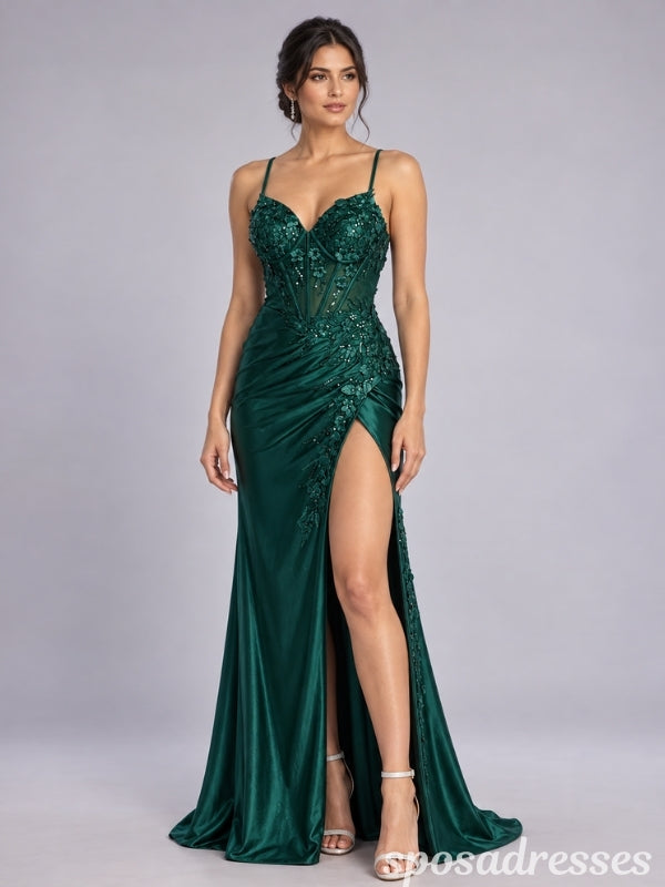 Emerald Green Satin Lace Corset High Slit Prom Dress PD26001