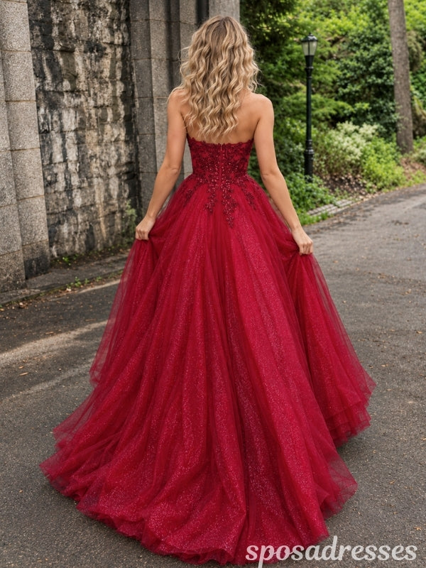 Burgundy Glitter Tulle Strapless Beaded Lace Corset A Line Prom Dress PD26002