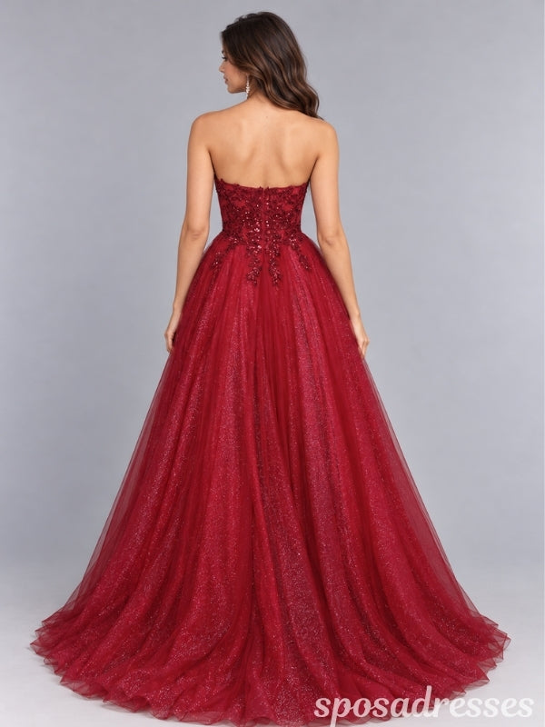 Burgundy Glitter Tulle Strapless Beaded Lace Corset A Line Prom Dress PD26002