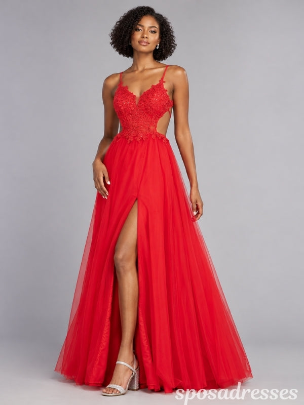 Lace Applique Side Cutout High Slit Tulle A Line Prom Dress PD26003