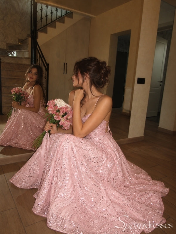 Pink Sequin Patterned Spaghetti Straps Lace Up A Line Prom Dress PD26004