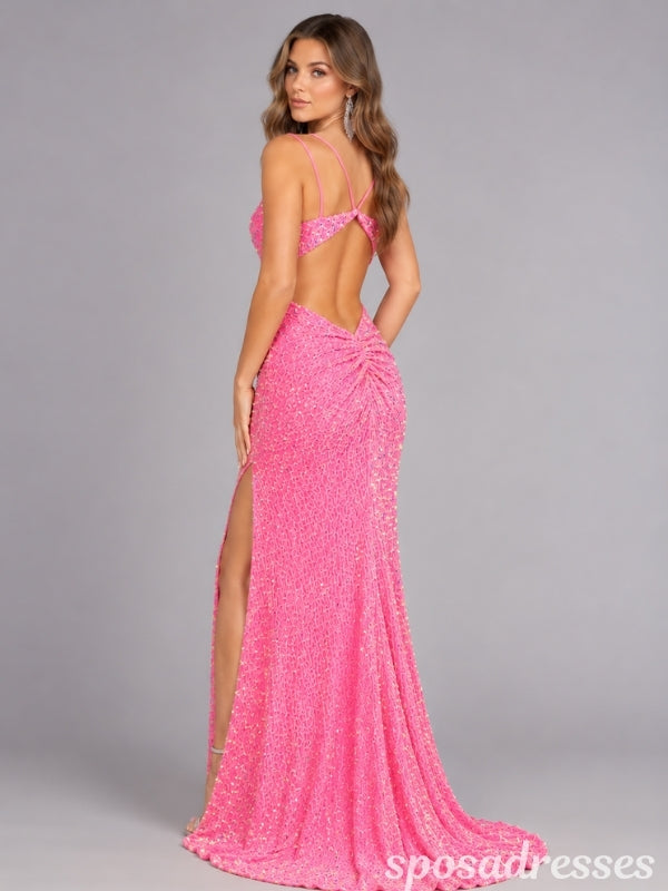 Hot Pink Sequin High Slit Open Back Fitted Prom Dress PD26005