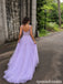 Lavender Lace Applique Corset High Slit Tulle A Line Prom Dress PD26006