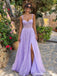 Lavender Lace Applique Corset High Slit Tulle A Line Prom Dress PD26006