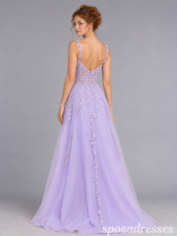 Lavender Lace Applique Corset High Slit Tulle A Line Prom Dress PD26006