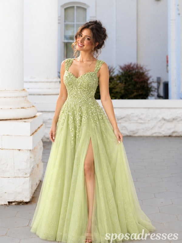 Pistachio Green Sequin Leaf Corset High Slit Tulle A Line Prom Dress PD26007