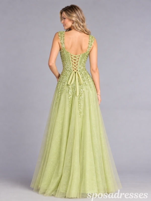 Pistachio Green Sequin Leaf Corset High Slit Tulle A Line Prom Dress PD26007