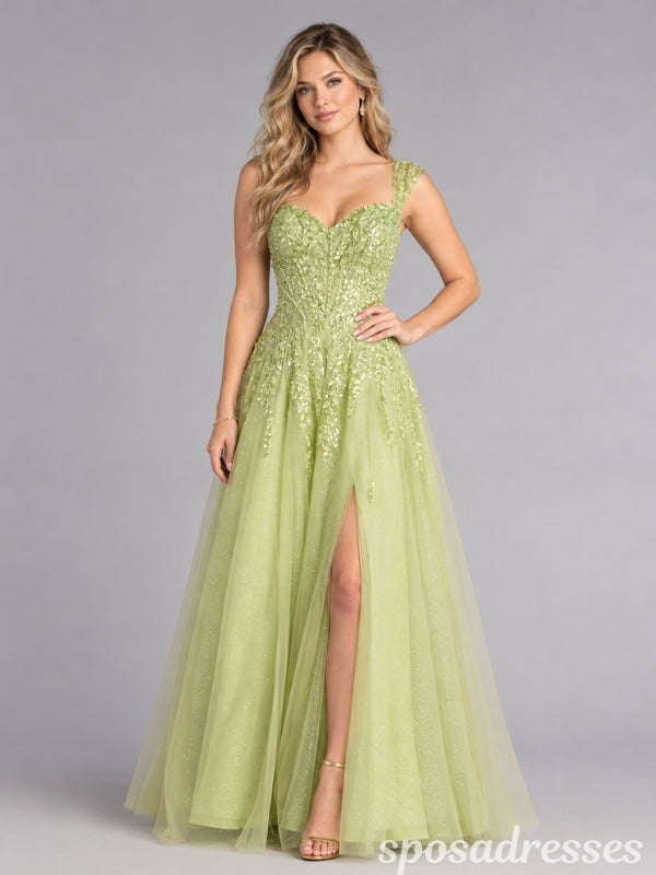 Pistachio Green Sequin Leaf Corset High Slit Tulle A Line Prom Dress PD26007