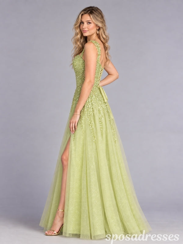 Pistachio Green Sequin Leaf Corset High Slit Tulle A Line Prom Dress PD26007