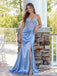 Dusty Blue Beaded Corset High Slit Satin Mermaid Prom Dress PD26008