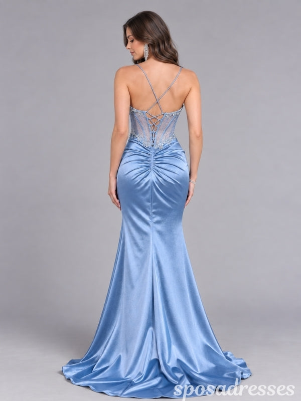 Dusty Blue Beaded Corset High Slit Satin Mermaid Prom Dress PD26008