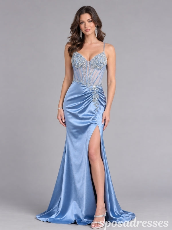 Dusty Blue Beaded Corset High Slit Satin Mermaid Prom Dress PD26008