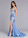 Dusty Blue Beaded Corset High Slit Satin Mermaid Prom Dress PD26008