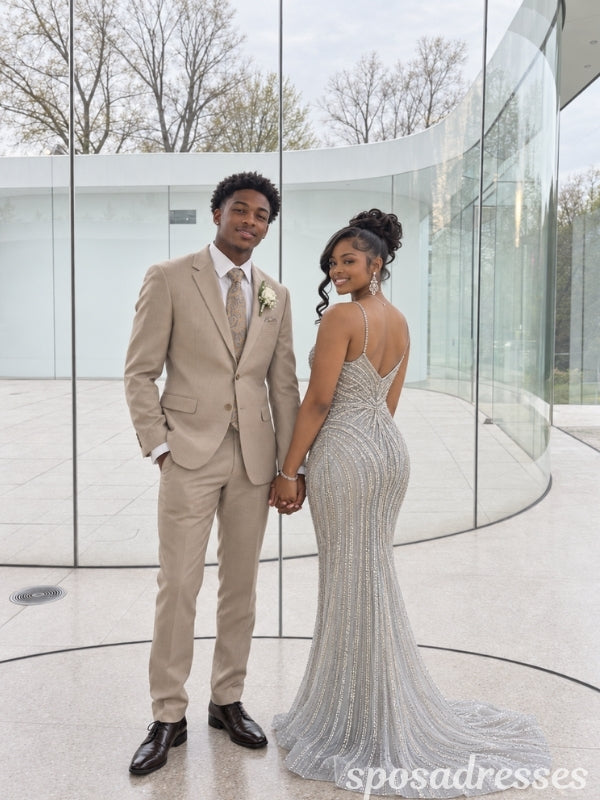 Silver Beaded Geometric Pattern Fitted Mermaid Prom Dress PD26009