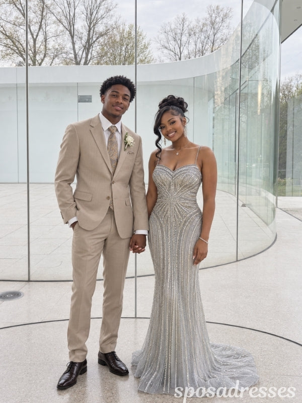 Silver Beaded Geometric Pattern Fitted Mermaid Prom Dress PD26009