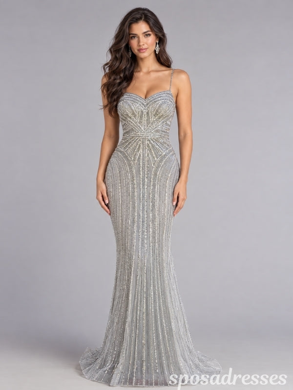 Silver Beaded Geometric Pattern Fitted Mermaid Prom Dress PD26009