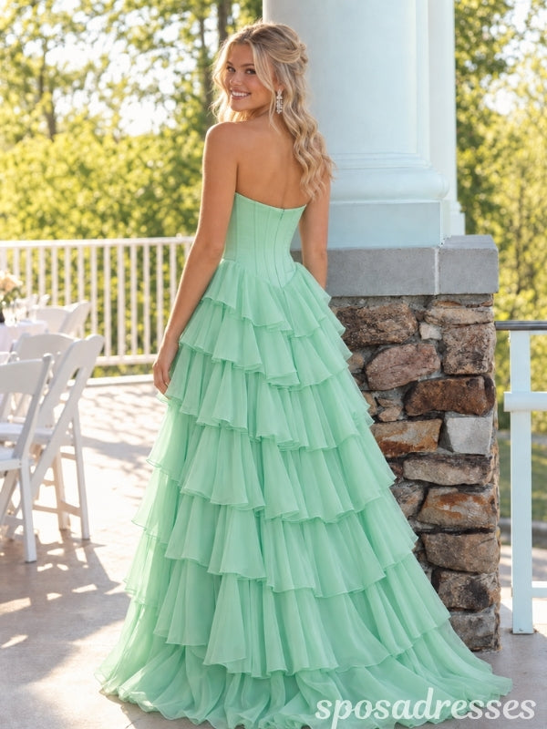 Mint Green Beaded Bust Tiered Ruffle High Slit Corset Prom Dress PD26010
